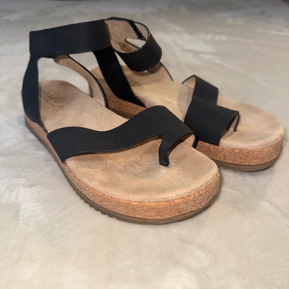 Soul‎ Naturalizer Divina Black Toe Loop Ankle Strap Sandals Womens 7M Cork Wedge